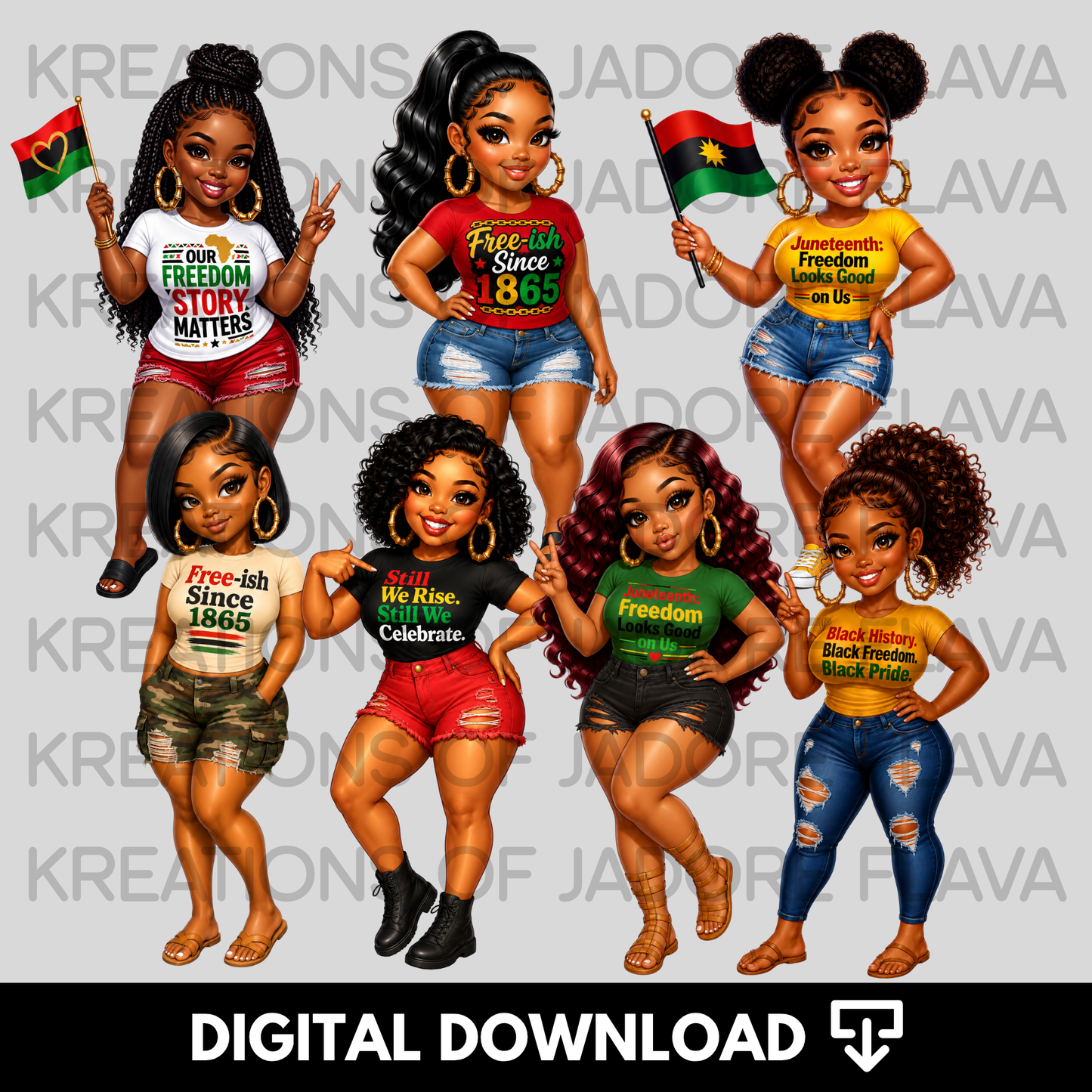 Juneteenth Chibi PNG Bundle | Black Girl Juneteenth Shirt Designs | Digital Download