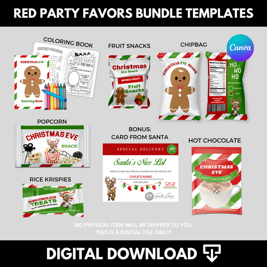 Red Christmas Eve Box Party Favors Bundle