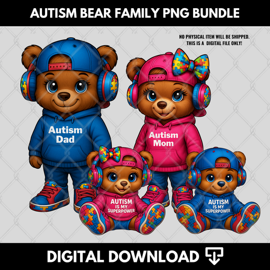 Autism Awareness Bear Family PNG Bundle